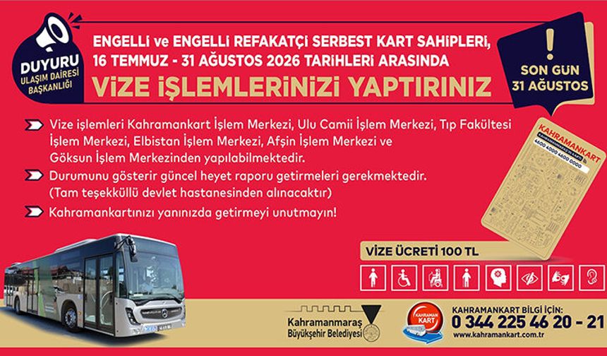ENGELLİ VE ENGELLİ REFAKATÇİ SERBEST KARTLARINDA VİZE YENİLEME DÖNEMİ BAŞLADI